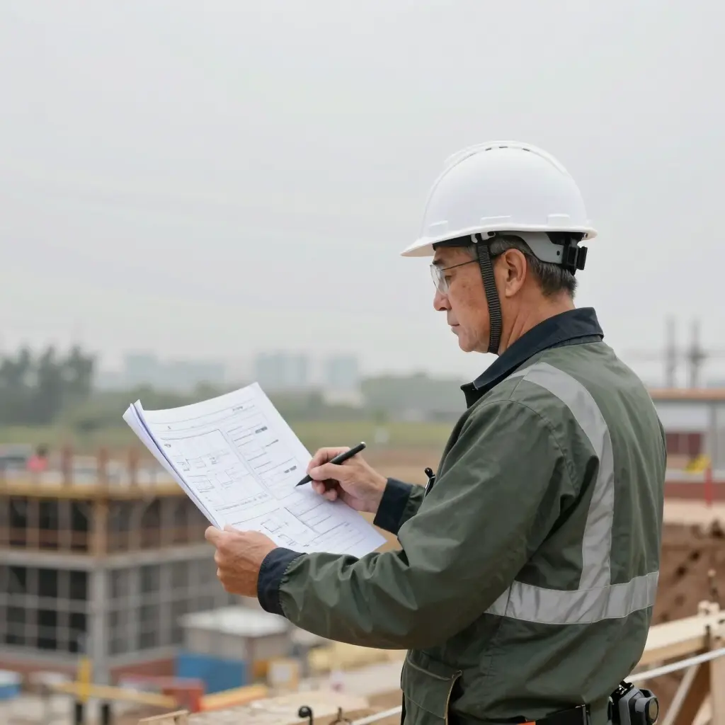 Engenheiro ambiental da MENEGHIN analisando projeto em canteiro de obras